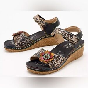 L'Artiste by Spring Step Leather Wedge Sandals Cuteness Black Size 38 (7.5-8)
